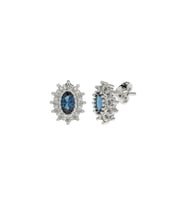 Safir Taşlı Rodyum Oval Anturaj Minimal Çivili Gümüş Küpe