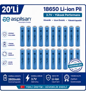 Aspilsan 18650 2600mAh 3.7V Li-ion Şarjlı Pil 20'li Paket Orijinal INR18650A28 Lityum İyon Hücre Elektrikli Bisiklet, Scooter, UPS, Solar ve Powerbank Bataryaları İçin