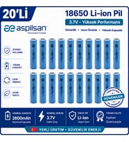 Aspilsan 18650 2600mAh 3.7V Li-ion Şarjlı Pil 20'li Paket Orijinal INR18650A28 Lityum İyon Hücre Elektrikli Bisiklet, Scooter, UPS, Solar ve Powerbank Bataryaları İçin