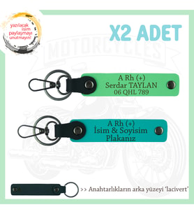 Motosiklet Maceracılarına, İsim Plaka ve A + Kan Grubu Yazılı x2 Anahtarlık, K Turkuaz-F Yeşil-Laci