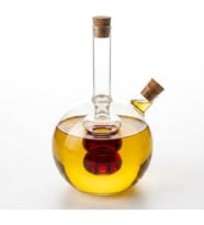 Borosilikat Cam Çift Bölmeli Yağlık ve Sirkelik 350 ml, İç ve Dış Hazneli 2’si 1 Arada Şeffaf Servis Şişesi, İki Ayrı Ağızlı Mantar Tıpalı Yuvarlak Tasarım