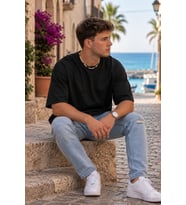 Erkek Oversize Tişört Bisiklet Yaka Basic Bol Kesim Kısa Kollu Günlük T-Shirt