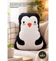 Sevimli Penguen Tasarımlı Dekoratif Polar Yastık Silikon Dolgu