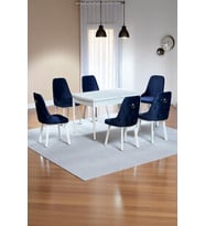 Sonata Beyaz 80 x 132 Açılabilen MDF Masa Metal Ayaklı Mutfak Masası Takımı 6 Lacivert Sandalye