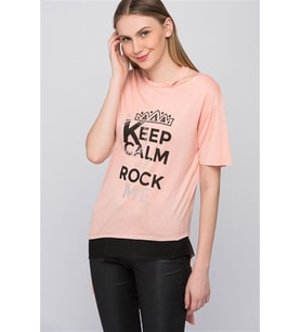 8101001 Keep Calm Baskılı Sol Yaka Kesik Kısa Kol Tunik PUDRA
