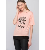 8101001 Keep Calm Baskılı Sol Yaka Kesik Kısa Kol Tunik PUDRA