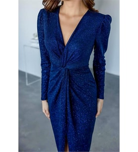 Neşeli butik kadın büzgü detaylı simli gece elbisesi NBMY3633 (Mavi)