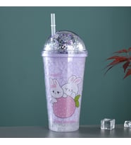 Tavşan Işıklı ve Pipetli Bardak, 450 ml, Buzlu ve Kapaklı, Mor, 20x8 (Mor)