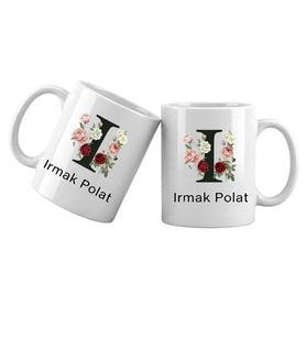 I Harfli Kişiye Özel İsimli Porselen Kupa Bardak – Çiçekli Monogram Harf Tasarımlı İsim Yazılı Kişiselleştirilebilir Hediye Kupa (Beyaz)
