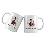 I Harfli Kişiye Özel İsimli Porselen Kupa Bardak – Çiçekli Monogram Harf Tasarımlı İsim Yazılı Kişiselleştirilebilir Hediye Kupa (Beyaz)