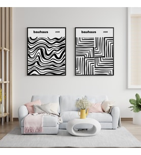 Bauhaus Siyah Çizgiler Duvar Tablosu Çerçeveli 2'li Set Siyah Renk 21 x 30 Boyut/Ebat (Çok Renkli)