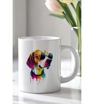 Renkli Köpek Tasarımlı 330ml Baskılı Beyaz Seramik Kupa Bardak