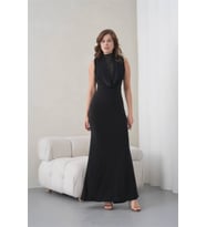kadın siyah degaje yaka dantel detaylı maxi boy abiye elbise NBS9385