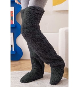 Sock Peluş Uyku Çorabı Welsoft Diz Üstü Oda Çorabı Ayak Isıtıcı Uzun Gonç Çorap (Siyah)
