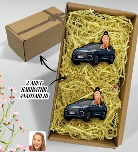 BK Gift Hediye Kutulu Kişiye Özel Kadın TOGG Figürlü Plakalı Ahşap Karikatür Anahtarlık, TOGG Anahtarlık, TOGG, Araç 2'li Ahşap Anahtarlık-2