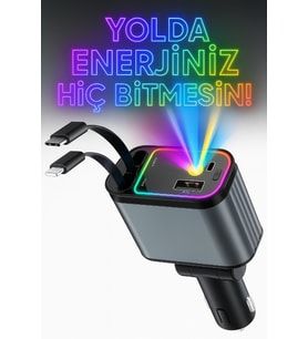Led Işık Tavan Aydınlatmalı 4IN1 Çift Kablolu Hızlı Şarj 3.4A Araç İçi Çakmaklık Şarj Aleti