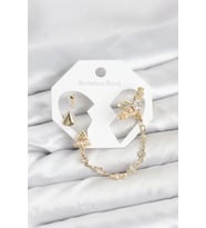Pirinç Gold Renk Yıldızlı Model Zincir Bağlantılı Ear Cuff Küpe Seti 5886