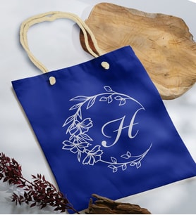 BK Gift Kişiye Özel Harfli Saks Mavi Halat Saplı Kumaş Bez Çanta-4, Baskılı Omuz Çantası, Alışveriş Çantası