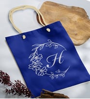 BK Gift Kişiye Özel Harfli Saks Mavi Halat Saplı Kumaş Bez Çanta-4, Baskılı Omuz Çantası, Alışveriş Çantası