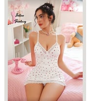 Intive Fantasy Mini Kalp Desenli İnce Askılı Eteği Dantel Detaylı Mini Gecelik (Beyaz)