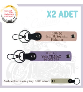 Motor Tutkunlarına Özel İsim Plaka ve 0 Rh (-) Kan Grubu Yazılı x2 Anahtarlık, Yavruağzı-Mor-SK