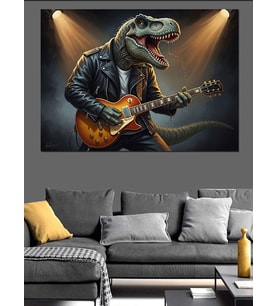 Elektro Gitar Çalan Dinozor T-Rex Dekoratif Kanvas - Mdf Ahşap Tablo