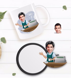 BK Gift Kişiye Özel Barista Karikatürlü Beyaz Kupa ve Ahşap Bardak Altlığı Hediye Seti-1