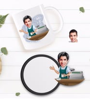 BK Gift Kişiye Özel Barista Karikatürlü Beyaz Kupa ve Ahşap Bardak Altlığı Hediye Seti-1