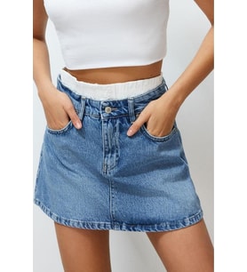 Moda Denim Düz Desen Günlük Mini Boy Limited Edition Boxer Detaylı Yüksek Bel Denim Etek