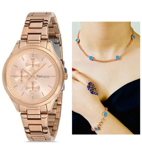 Ferrucci Rosegold Çelik Kadın Kol Saat+Nazarlıklı Set Hediyeli