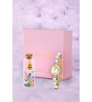 Polo Air Kadın Kol Saati Smile Figürlü Mantar Tıpalı Özel Notlu Cam Dilek Şişe Seti Gold Beyaz Renk ST-2181S1