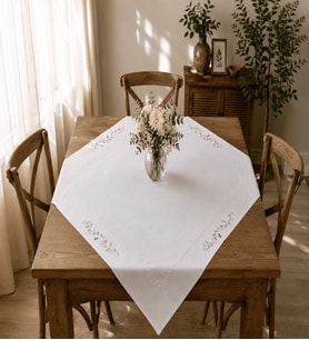 Bahar Dalı Nakışlı Dantelli Kare Masa, Sehpa, Fiskos Örtüsü 90x90 cm-Beyaz