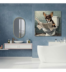 Tekli Kare Kanvas Banyo Tablosu Gazete Okuyan Chihuahua Köpek