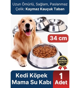 Premium Uzun Ömürlü Sağlam Kaymaz Kauçuk Taban Paslanmaz Çelik Metal Kedi Köpek Mama Su Kabı 34 cm