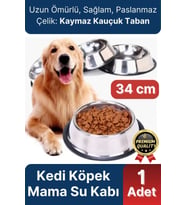 Premium Uzun Ömürlü Sağlam Kaymaz Kauçuk Taban Paslanmaz Çelik Metal Kedi Köpek Mama Su Kabı 34 cm