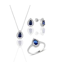 Söğütlü Silver Gümüş rodyumlu safir taşlı damla modeli üçlü set
