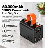 Powerbank 60.000 mAh 100W Hızlı Şarj Type-C Dijital Ekranlı Taşınabilir Güç Kaynağı
