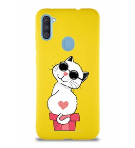 Samsung Galaxy M11 Soft Premier Kapak Coolcat Tasarımlı Silikon Kılıf - Sarı (Şeffaf)