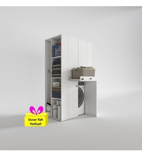 Kenzlife çamaşır-kurutma makinesi dolabı biruni byz 187*110*60 çekmeceli raflı + tekli duvar rafı hediye (Beyaz)