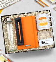 Kişiye Özel Turuncu Defter& Turuncu Touch Pen & Kupa & USB Bellek & Cam Matara Hediye Seti