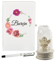 Sevgiliye Doğumgünü Hediyesi Kişiye Özel Defter ve Işıklı Melek Fanus Hediye Seti