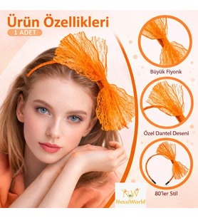 80’ler 90’lar Neon Turuncu Dantel Taç Fiyonklu