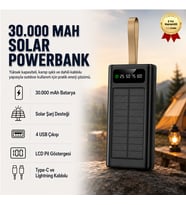 Solar 30.000mAh Powerbank Dijital Göstergeli, 4 USB Çıkışlı, Dahili Type-C ve Lightning Kablolu Powerbank