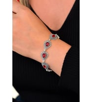 Sıralı Damla Model Safir Taşlı Telkari El Işçiliği Gümüş Bileklik (Kırmızı)