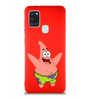Samsung Galaxy A21S Soft Premier Kapak Patrick Yıldız Tasarımlı Silikon Kılıf - Kırmızı (Şeffaf)