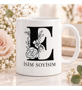Kişiye Özel Baş Harf ve İsim Yazılı Gül Motifli E Harfli Seramik Kupa Bardak