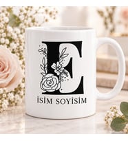 Kişiye Özel Baş Harf ve İsim Yazılı Gül Motifli E Harfli Seramik Kupa Bardak