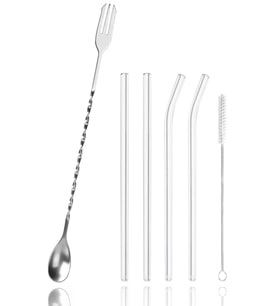 Burgulu Çatallı Bar Kaşığı 33 cm Kokteyl Karıştırma Kaşığı & Cam Pipet Seti