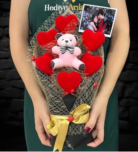 Büyük Boy Yumoş Pembe Ayıcık Temalı Buket, Size Özel Fotoğraflı Tasarım Premium Buket