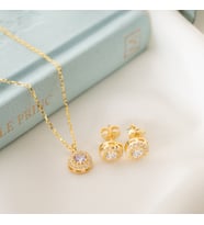 925 Ayar Gümüş Nisan Ayı Oval Taşlı Kolye+Küpe Seti (Sarı)